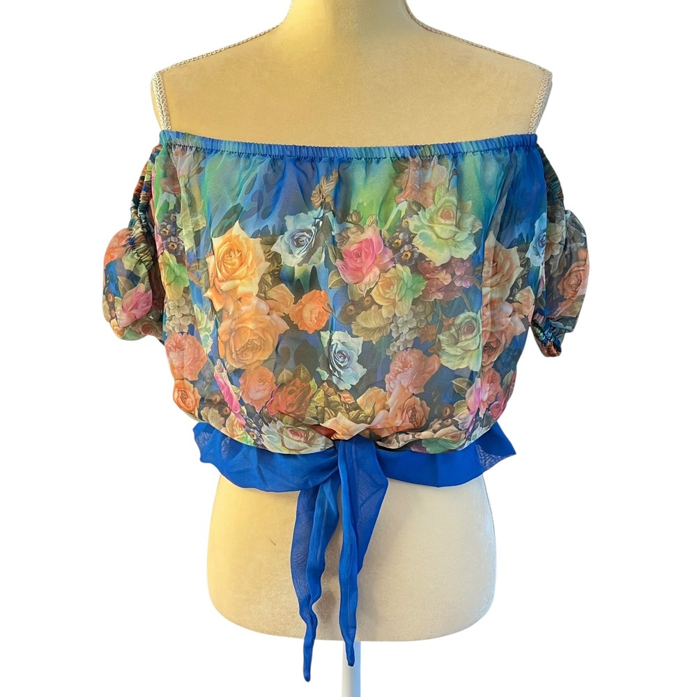 Floral Chiffon Off Shoulder Crop Top Tie Front Blouse Summer Boho Women's XS - Picture 11 of 16